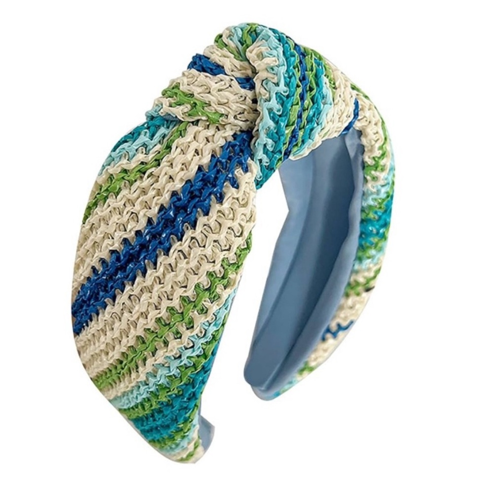 Blue, Green, and Cream Raffia Textured Knitted Headband